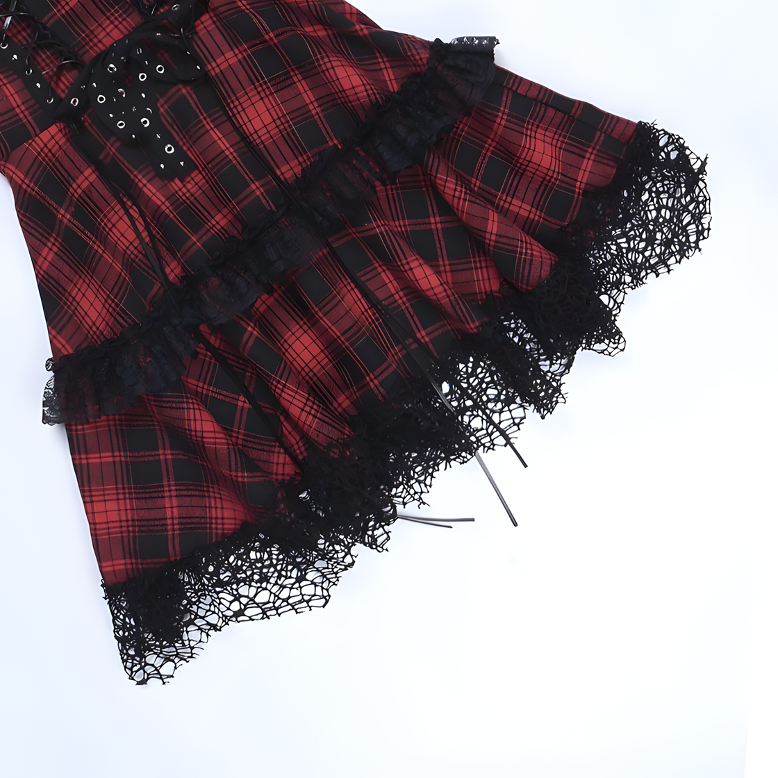 Gothic Red Plaid Corset Dress – Punk Lace-Up Tartan Mini Dress with Lace Trim for Alt-Girl & Halloween Style