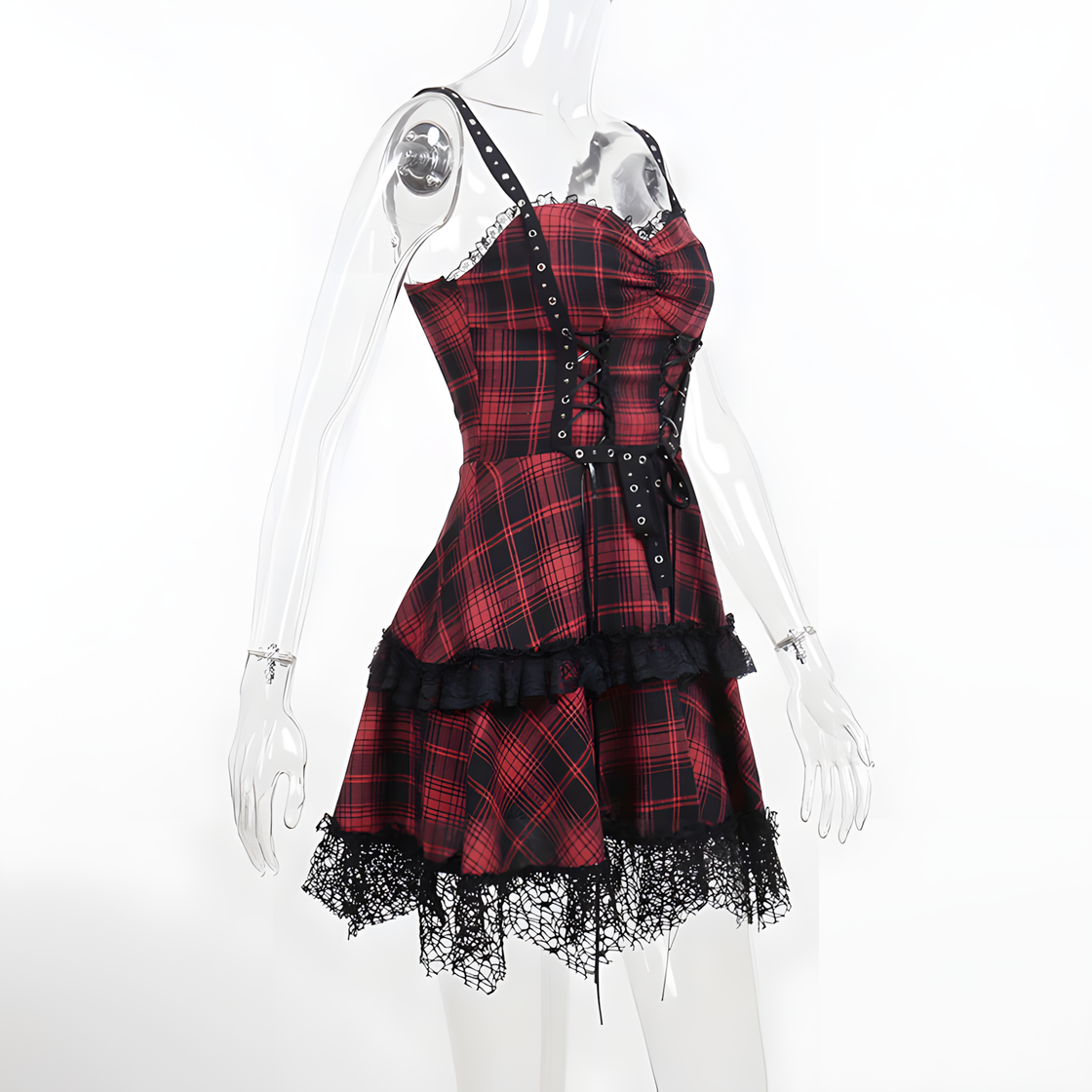 Gothic Red Plaid Corset Dress – Punk Lace-Up Tartan Mini Dress with Lace Trim for Alt-Girl & Halloween Style