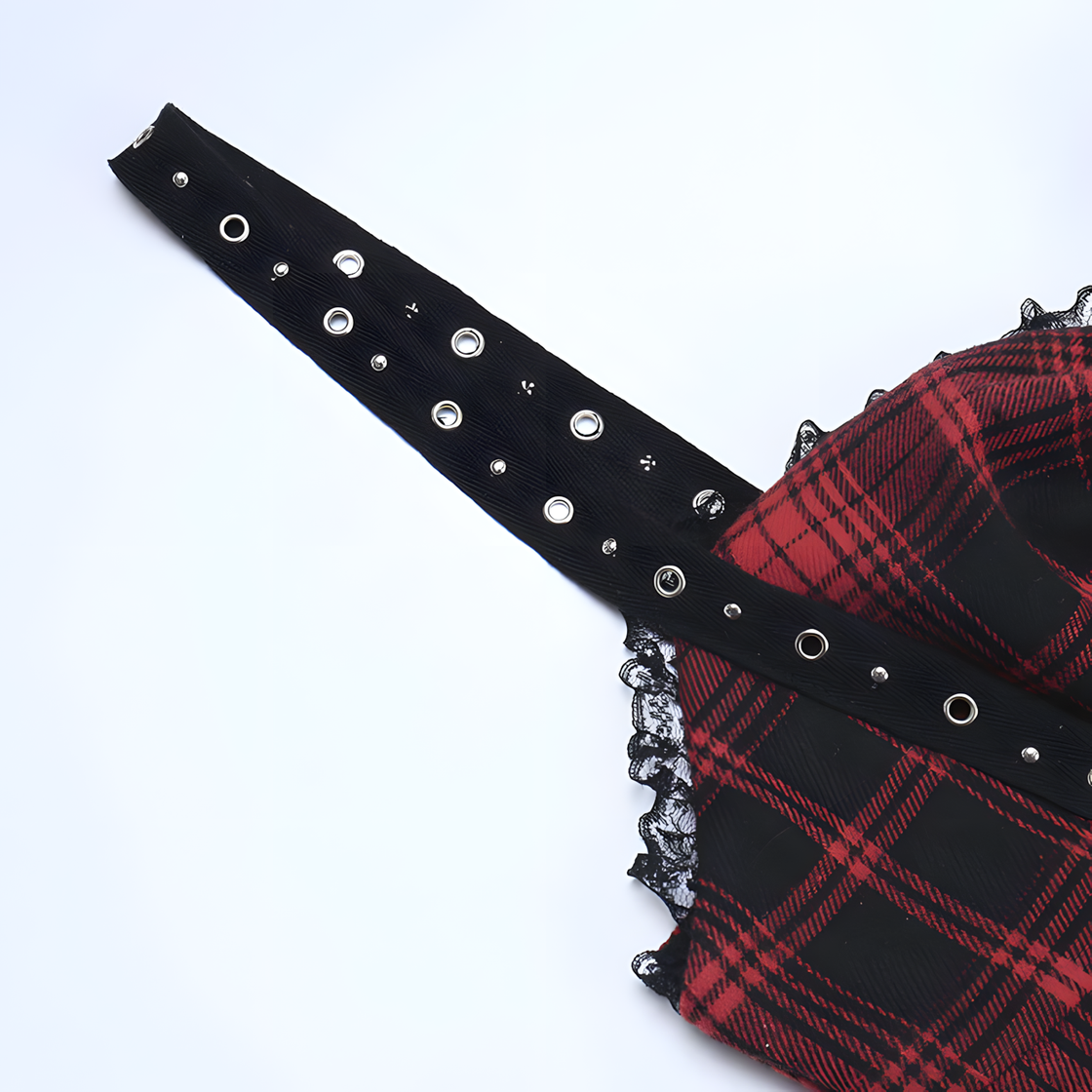Gothic Red Plaid Corset Dress – Punk Lace-Up Tartan Mini Dress with Lace Trim for Alt-Girl & Halloween Style