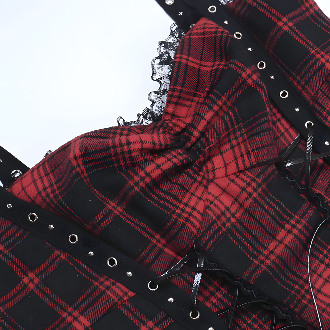 Gothic Red Plaid Corset Dress – Punk Lace-Up Tartan Mini Dress with Lace Trim for Alt-Girl & Halloween Style