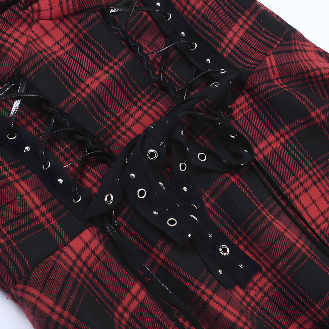 Gothic Red Plaid Corset Dress – Punk Lace-Up Tartan Mini Dress with Lace Trim for Alt-Girl & Halloween Style