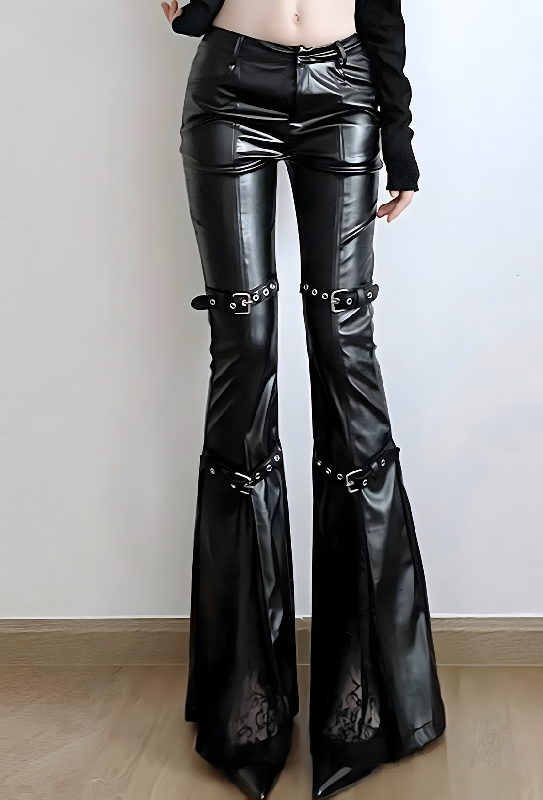 Gothic Faux Leather Flared Pants – Buckled Strap High Waist Biker Pants for Women Y2K Streetwear