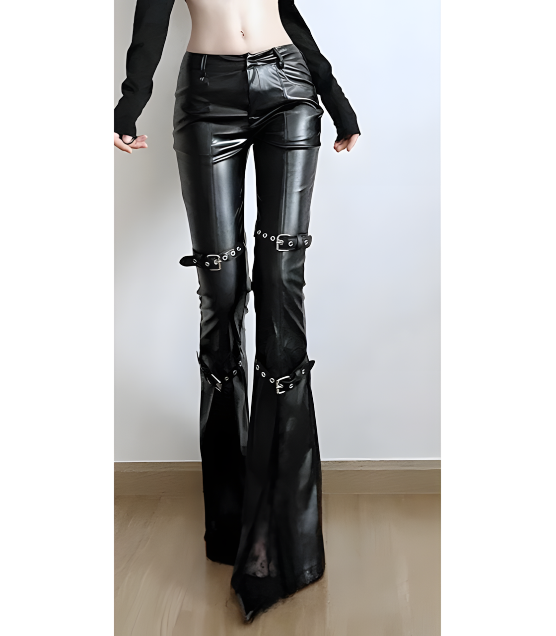 Gothic Faux Leather Flared Pants – Buckled Strap High Waist Biker Pants for Women Y2K Streetwear