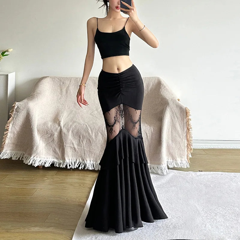 Gothic Mermaid Maxi Skirt - Sheer Lace Panel, Black Dark Romance Style