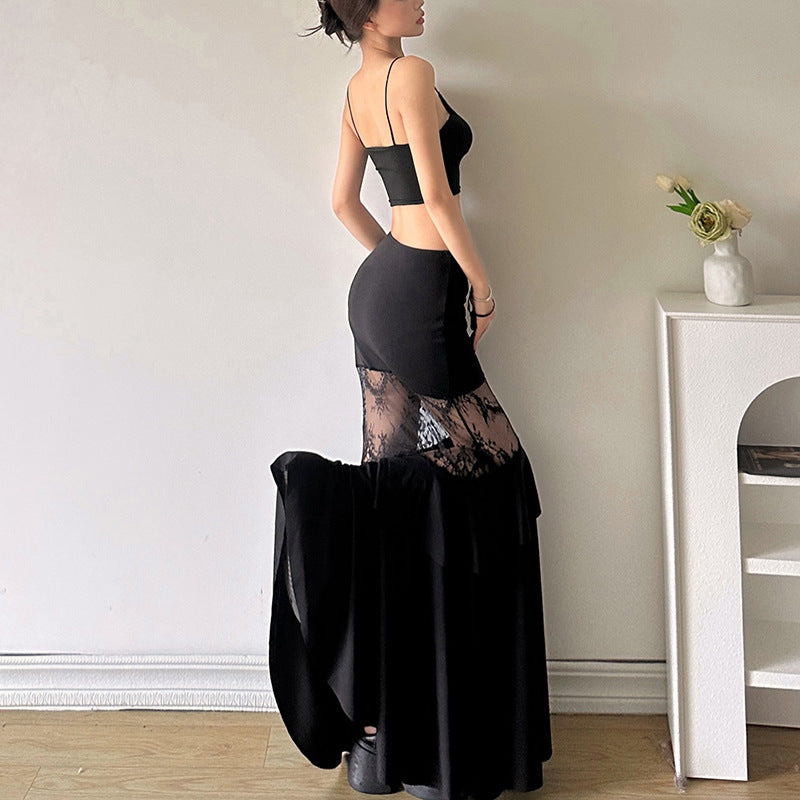 Gothic Mermaid Maxi Skirt - Sheer Lace Panel, Black Dark Romance Style