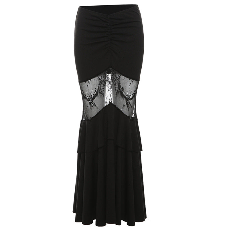 Gothic Mermaid Maxi Skirt - Sheer Lace Panel, Black Dark Romance Style
