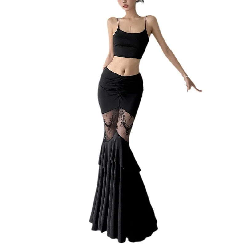 Gothic Mermaid Maxi Skirt - Sheer Lace Panel, Black Dark Romance Style