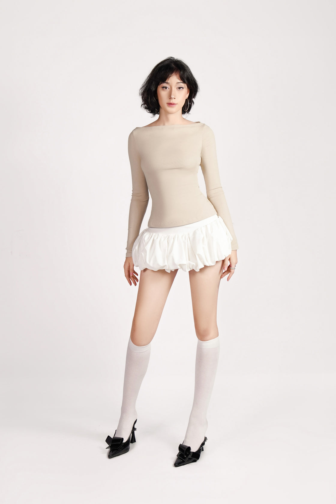 Beige Long Sleeve Fitted Top