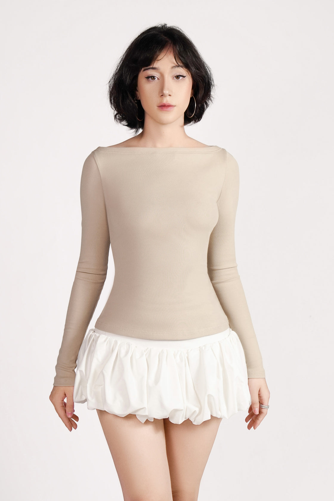 Beige Long Sleeve Fitted Top