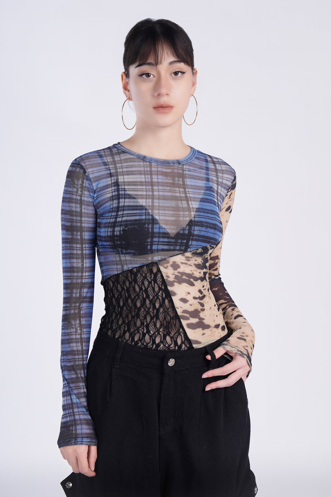 Edgy Patchwork Mesh Long-Sleeve Shirt