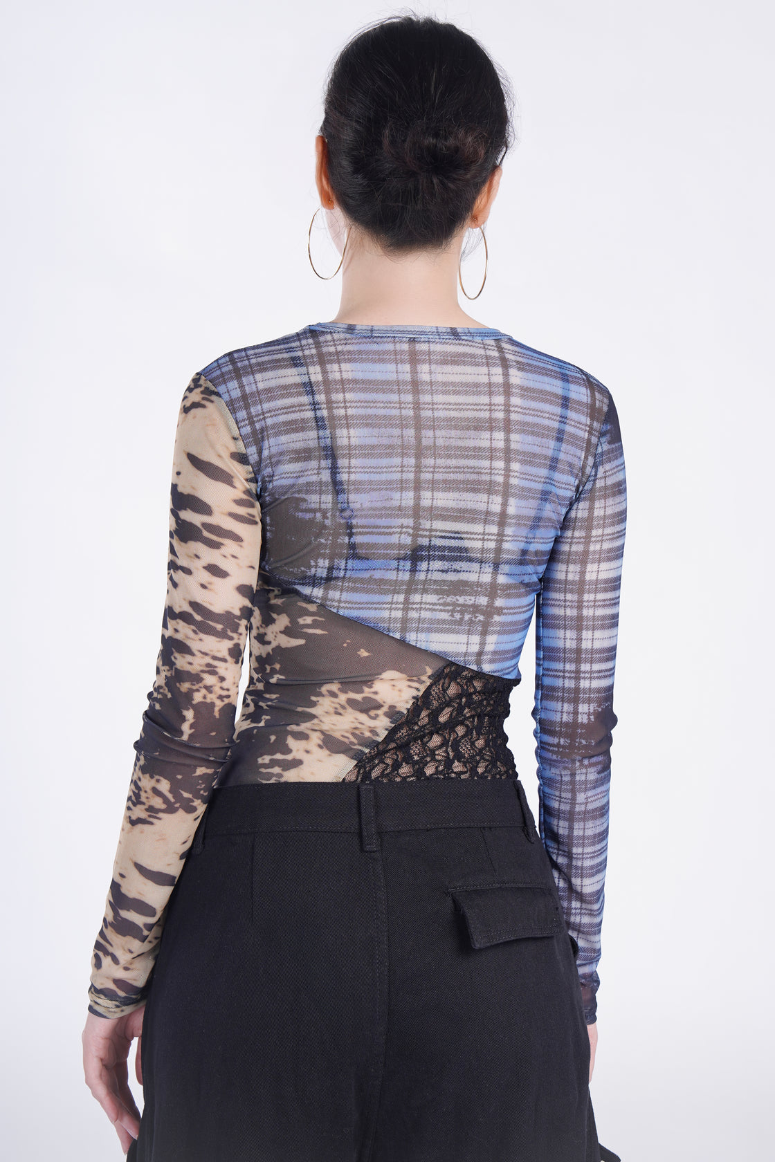 Edgy Patchwork Mesh Long-Sleeve Shirt