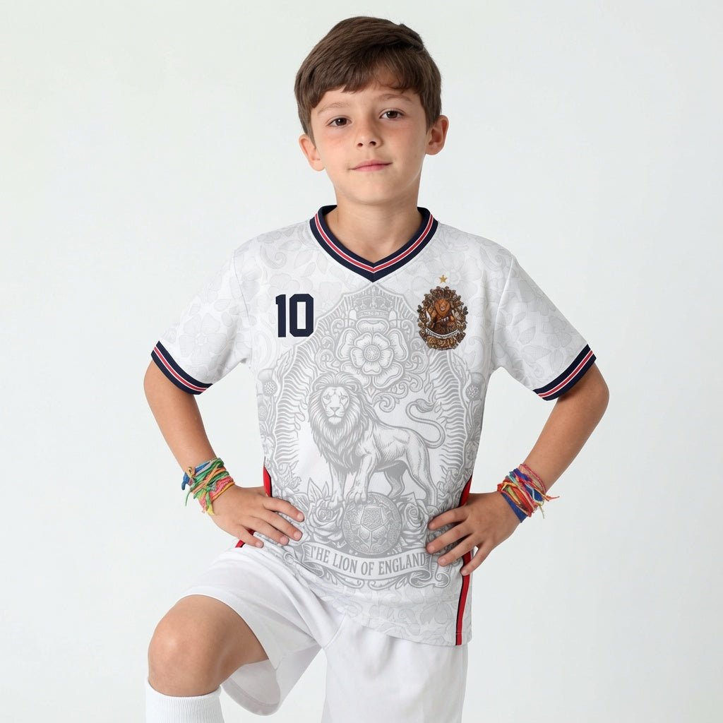 Front and back view of England 2026 home jersey in white with The Lion of England and baroque floral motifs