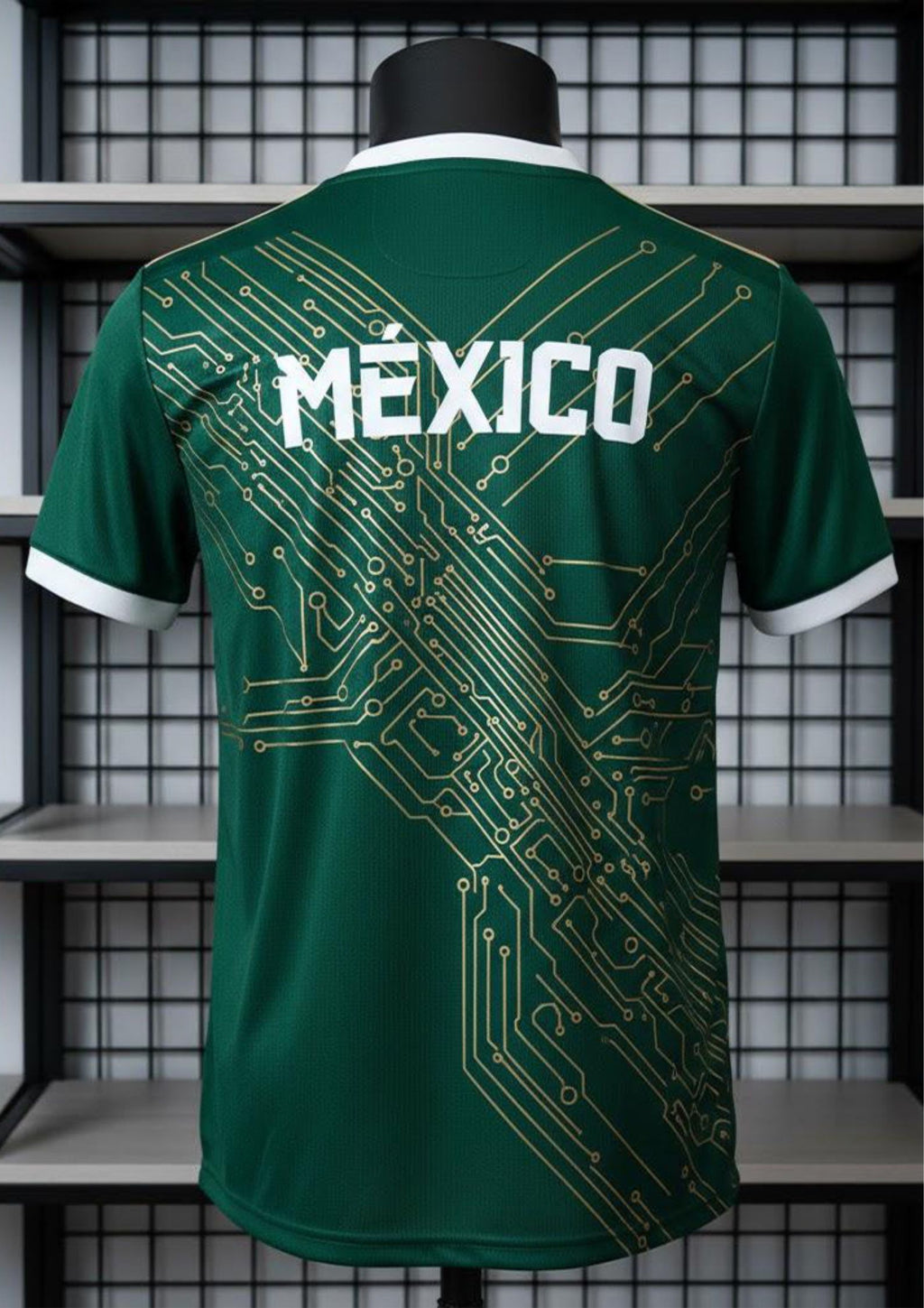 Varldens Mexico Tech Circuit Heritage Jersey | Green & Gold Cyber Line Design | Futuristic Football Culture Shirt – Streetwear & Festival Edition