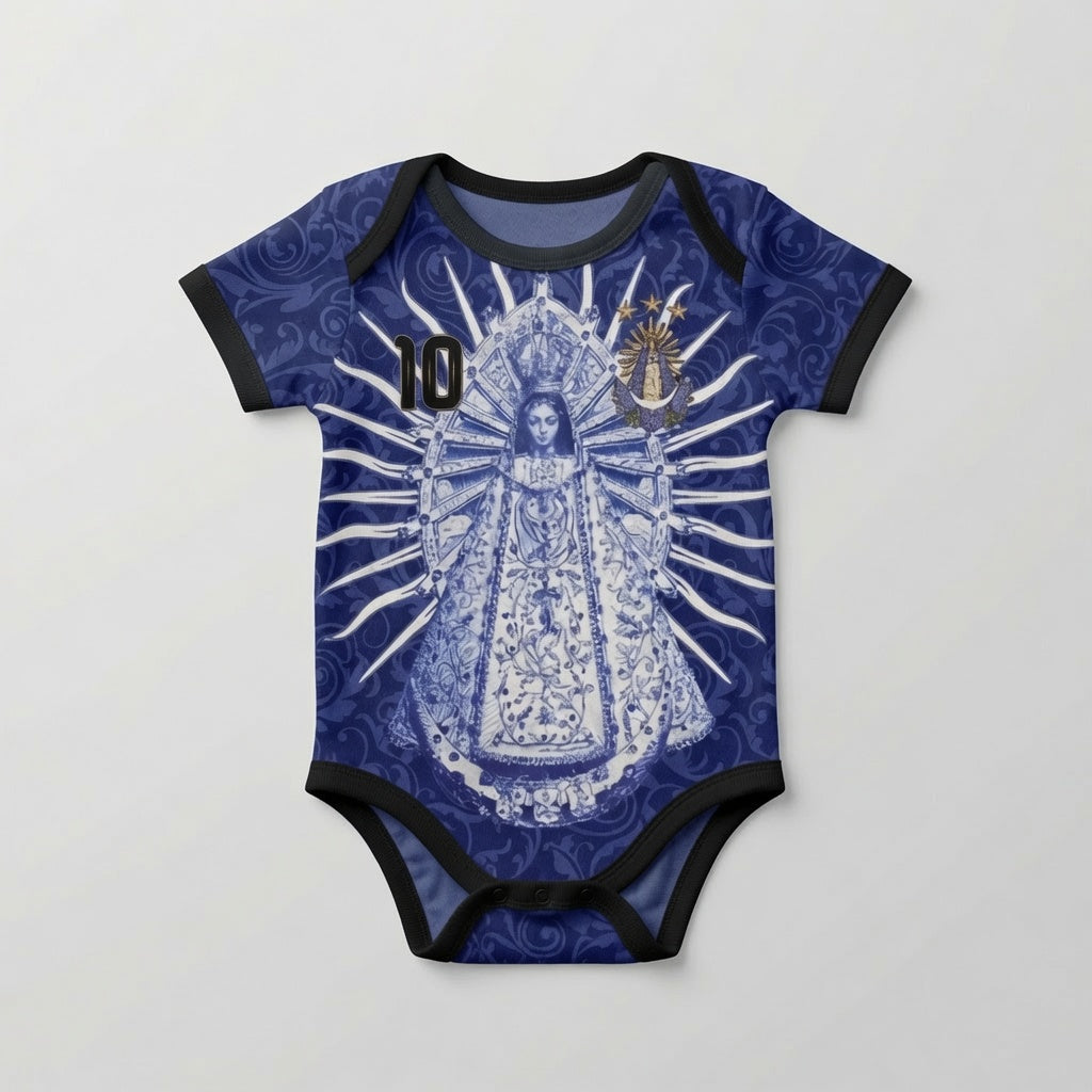 Front  view of Varldens Argentina 2026 Away Jersey with Virgen de Luján art and Sol de Mayo emblem - Navy blue soccer babyonesie