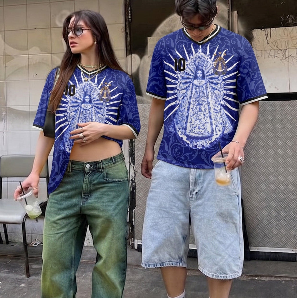 Front and back view of Varldens Argentina 2026 Away Jersey with Virgen de Luján art and Sol de Mayo emblem - Navy blue soccer streetwear