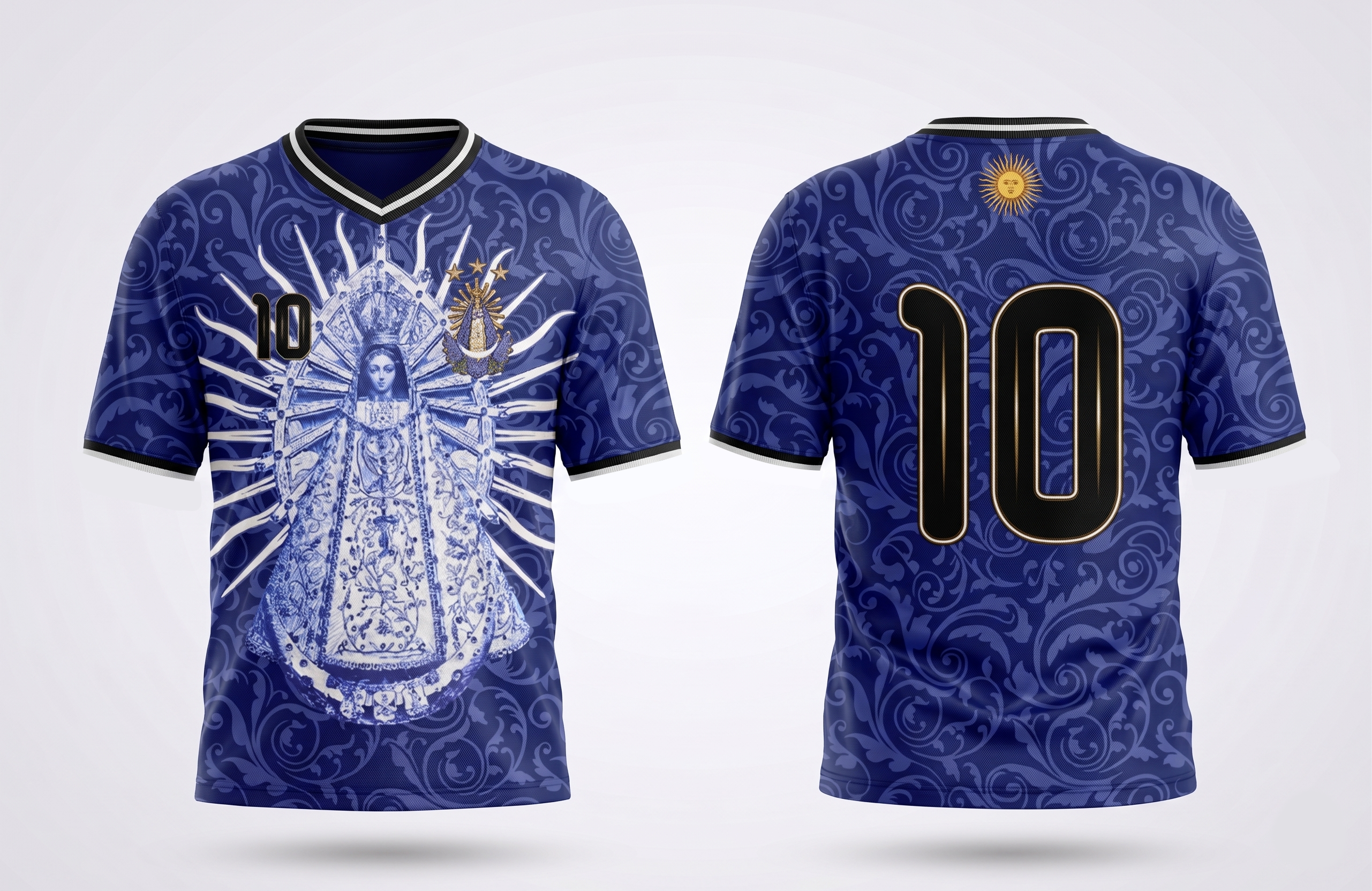 Front and back view of Varldens Argentina 2026 Away Jersey with Virgen de Luján art and Sol de Mayo emblem - Navy blue soccer streetwear