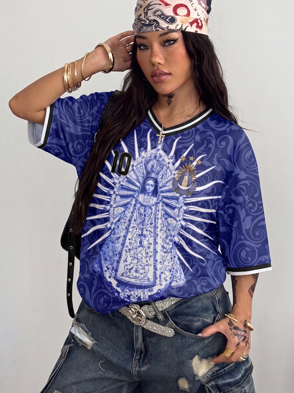 Front and back view of Varldens Argentina 2026 Away Jersey with Virgen de Luján art and Sol de Mayo emblem - Navy blue soccer streetwear