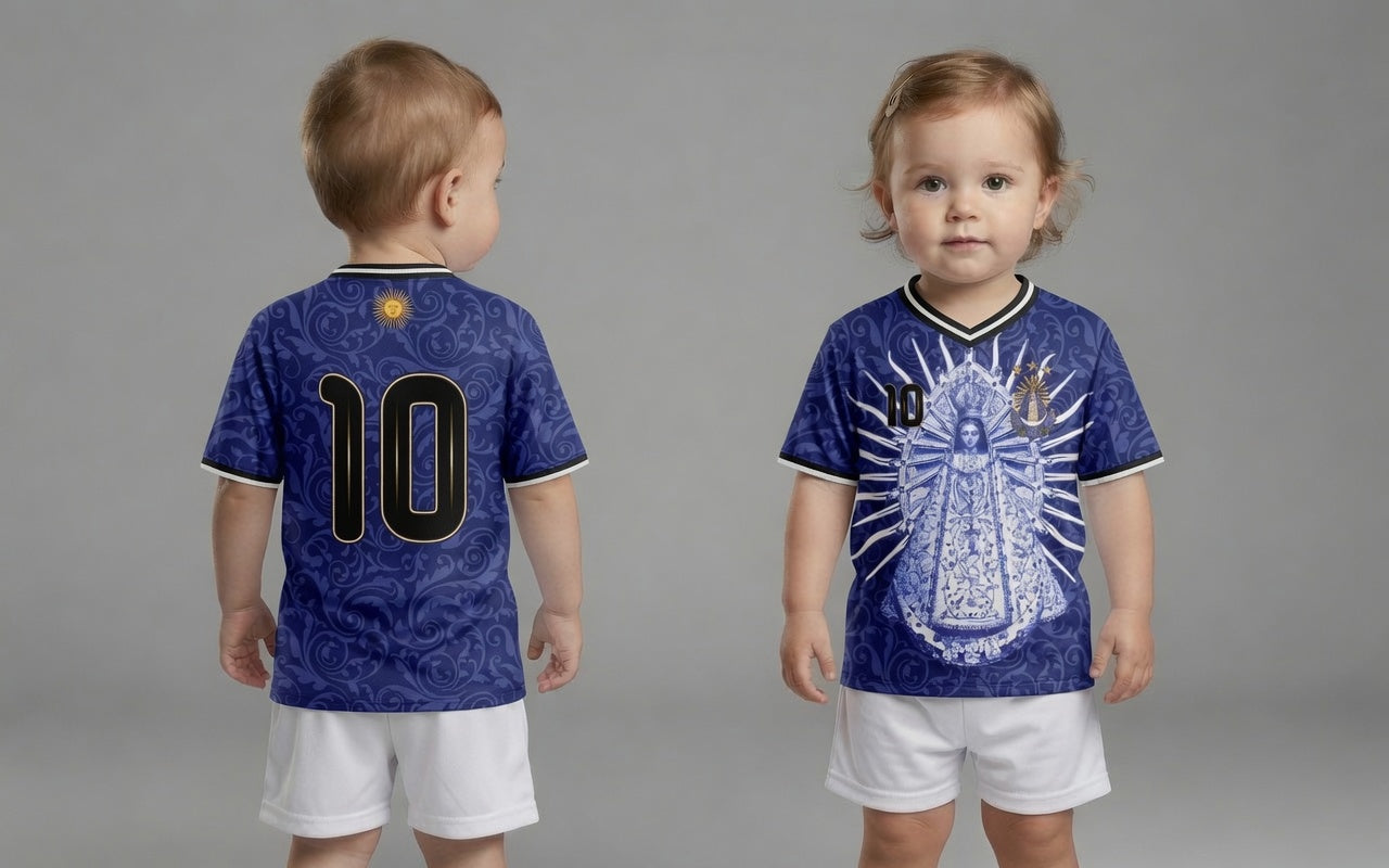 Front and back view of Varldens Argentina 2026 Away Jersey with Virgen de Luján art and Sol de Mayo emblem - Navy blue soccer streetwear