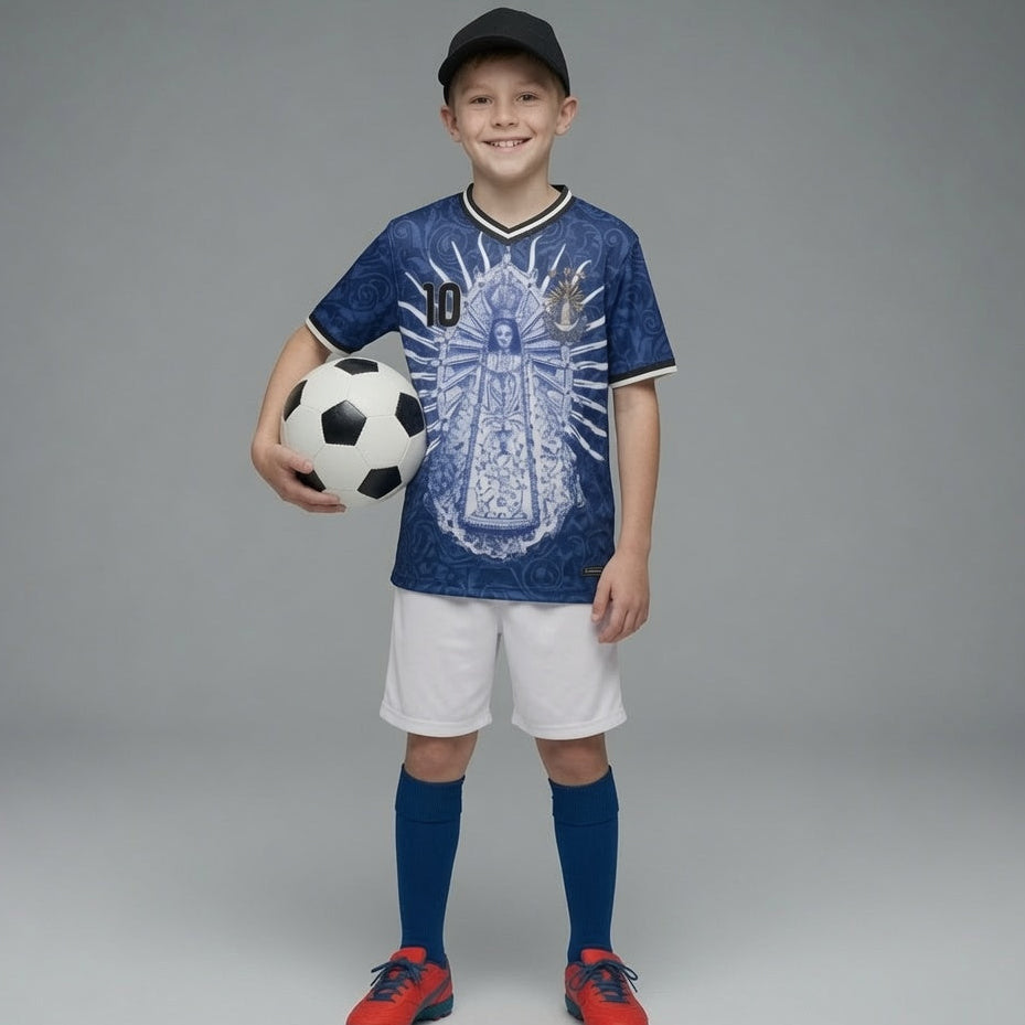 Front and back view of Varldens Argentina 2026 Away Jersey with Virgen de Luján art and Sol de Mayo emblem - Navy blue soccer streetwear