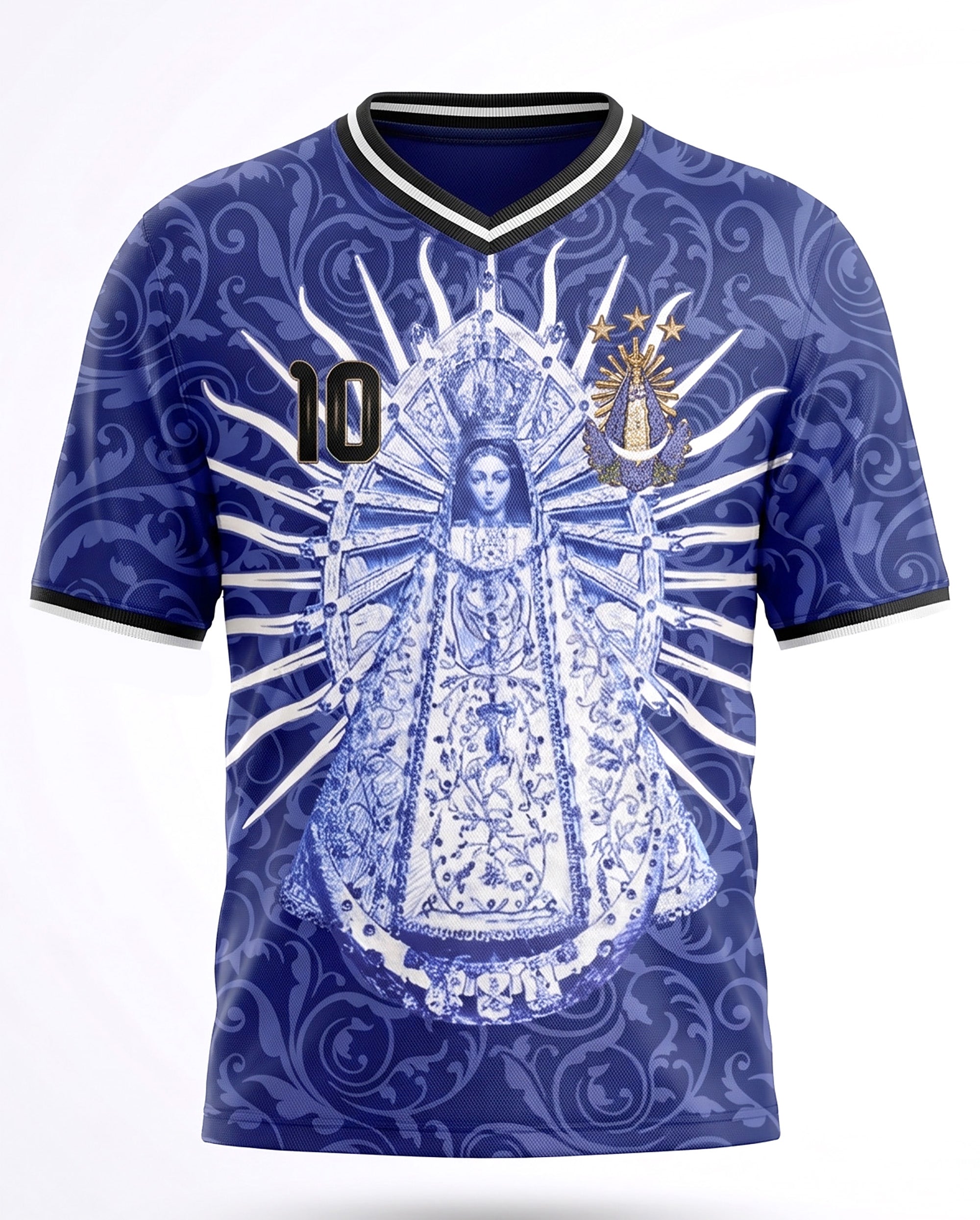 Front and back view of Varldens Argentina 2026 Away Jersey with Virgen de Luján art and Sol de Mayo emblem - Navy blue soccer streetwear
