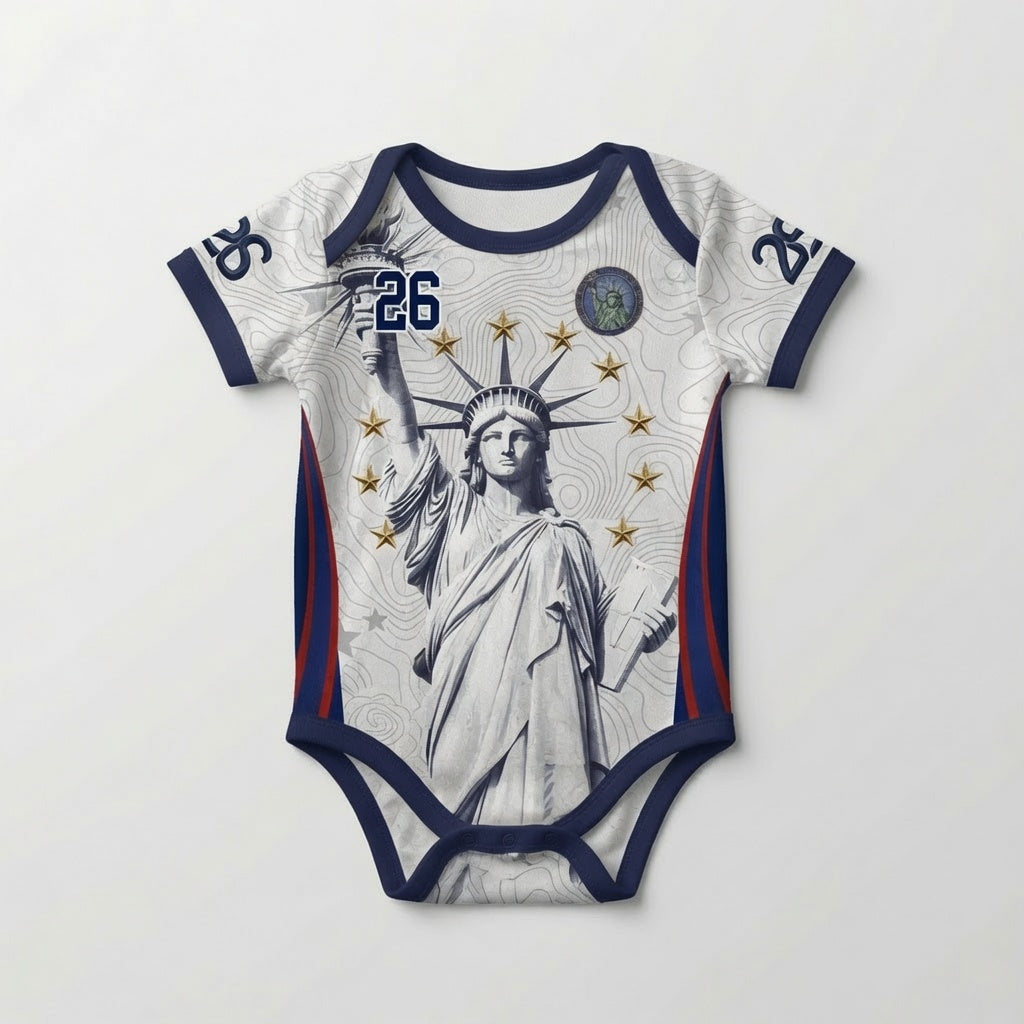 Varldens USA 2026 Home Jersey with Lady Liberty and America 250 anniversary logo - Patriotic white babyonesie