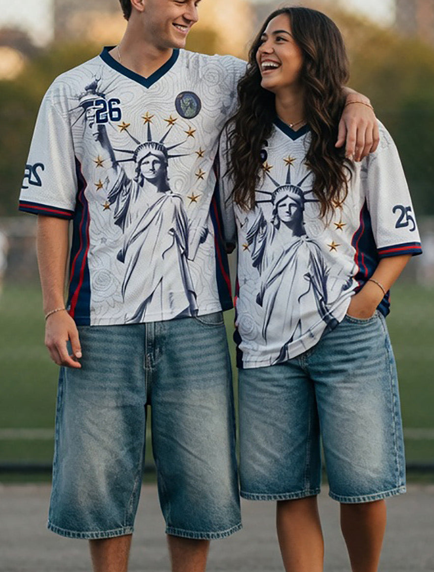 Varldens USA 2026 Home Jersey with Lady Liberty and America 250 anniversary logo - Patriotic white soccer shirt