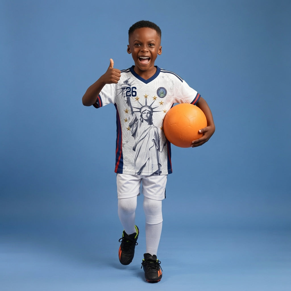 Varldens USA 2026 Home Jersey with Lady Liberty and America 250 anniversary logo - Patriotic white soccer shirt youth