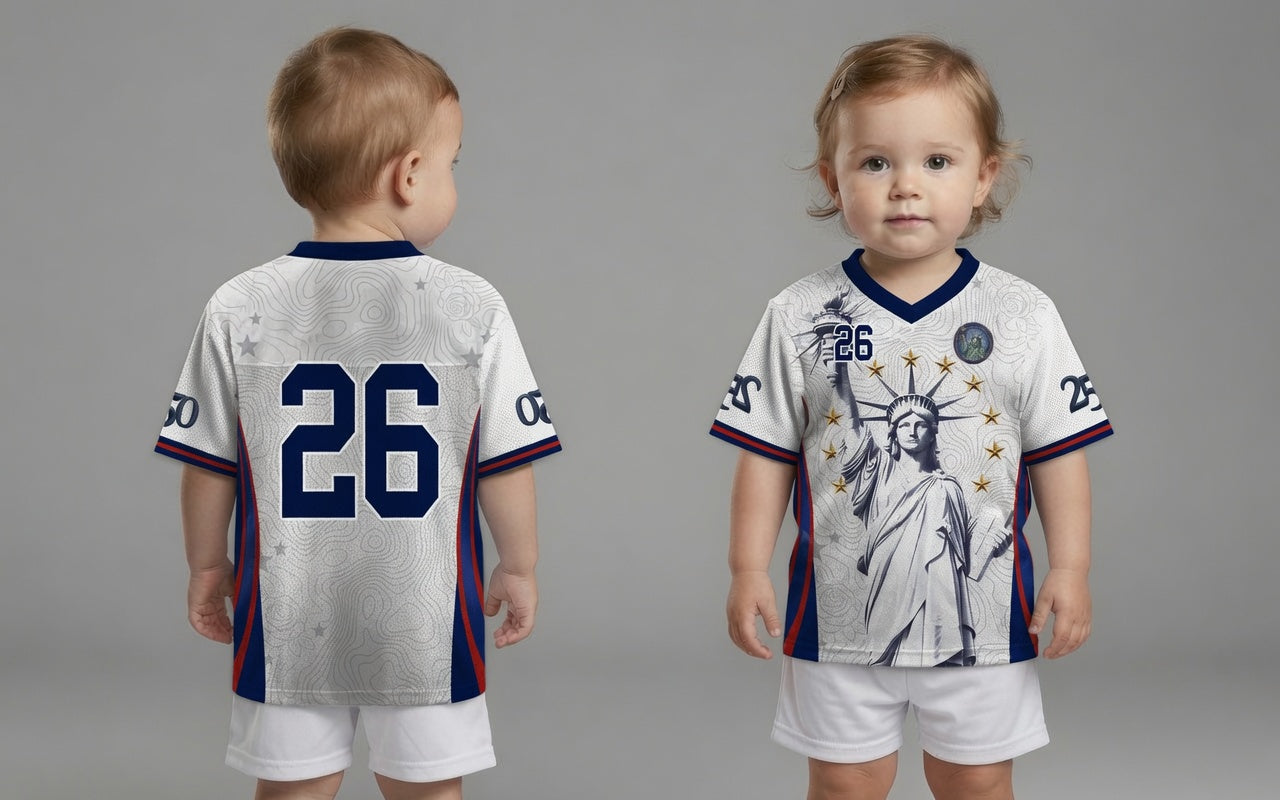 Varldens USA 2026 Home Jersey with Lady Liberty and America 250 anniversary logo - Patriotic white soccer kid shirt