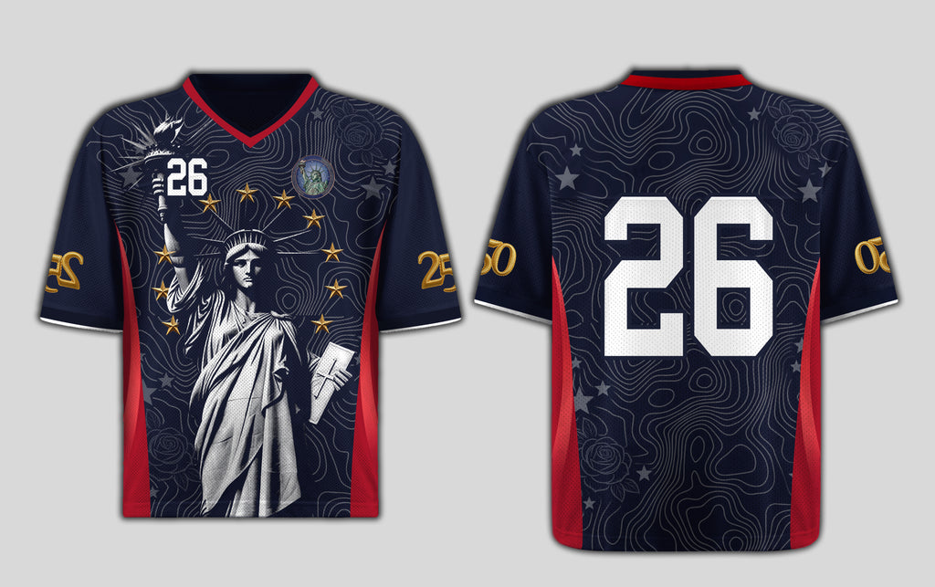 Varldens America 250 Lady Liberty Navy Away Jersey - USA 2026 commemorative soccer shirt with gold details