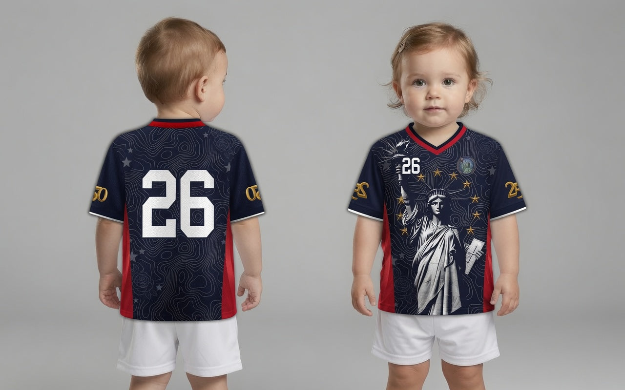 Varldens America 250 Lady Liberty Navy Away Jersey - USA 2026 commemorative soccer shirt with gold details