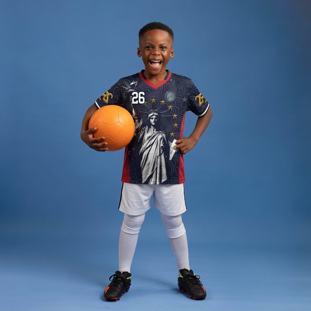 Varldens America 250 Lady Liberty Navy Away Jersey - USA 2026 commemorative soccer shirt with gold details