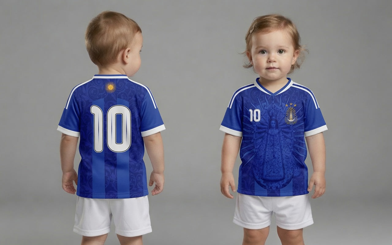 Front and back Varldens Argentina 1986 champion blue jersey with Virgen de Luján and Fileteado art - Retro soccer streetwear fashion kid size