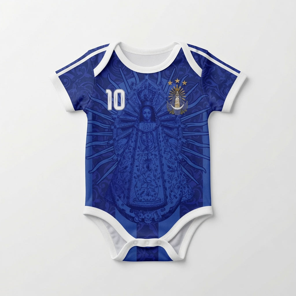 Varldens Argentina 1986 champion blue jersey with Virgen de Luján and Fileteado art - Retro soccer babyonesies