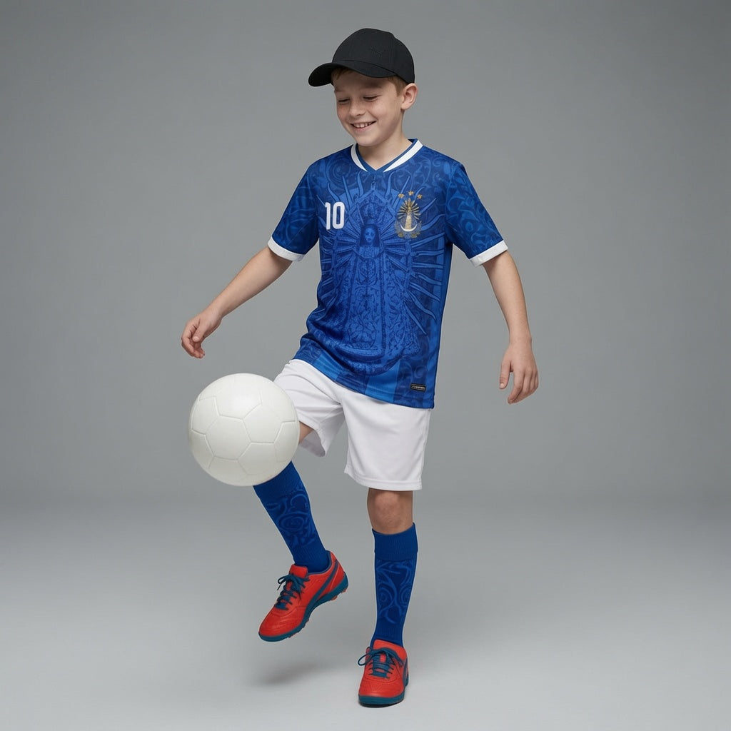 Kid Model wear Varldens Argentina 1986 champion blue jersey with Virgen de Luján and Fileteado art - Retro soccer streetwear fashion