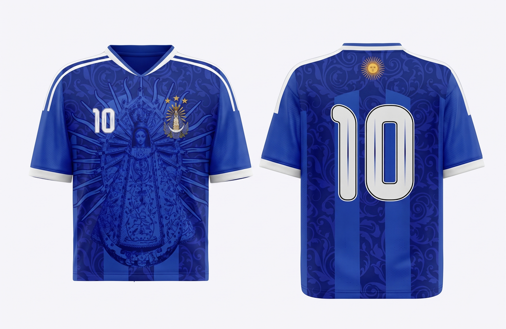 Couple wearing Varldens Argentina 1986 champion blue jersey with Virgen de Luján and Fileteado art - Retro soccer streetwear fashion