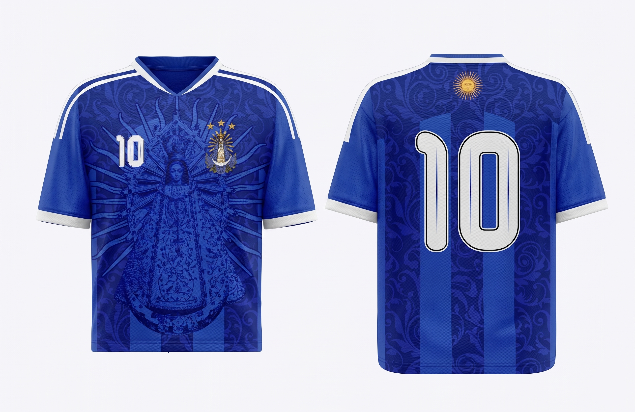 Couple wearing Varldens Argentina 1986 champion blue jersey with Virgen de Luján and Fileteado art - Retro soccer streetwear fashion