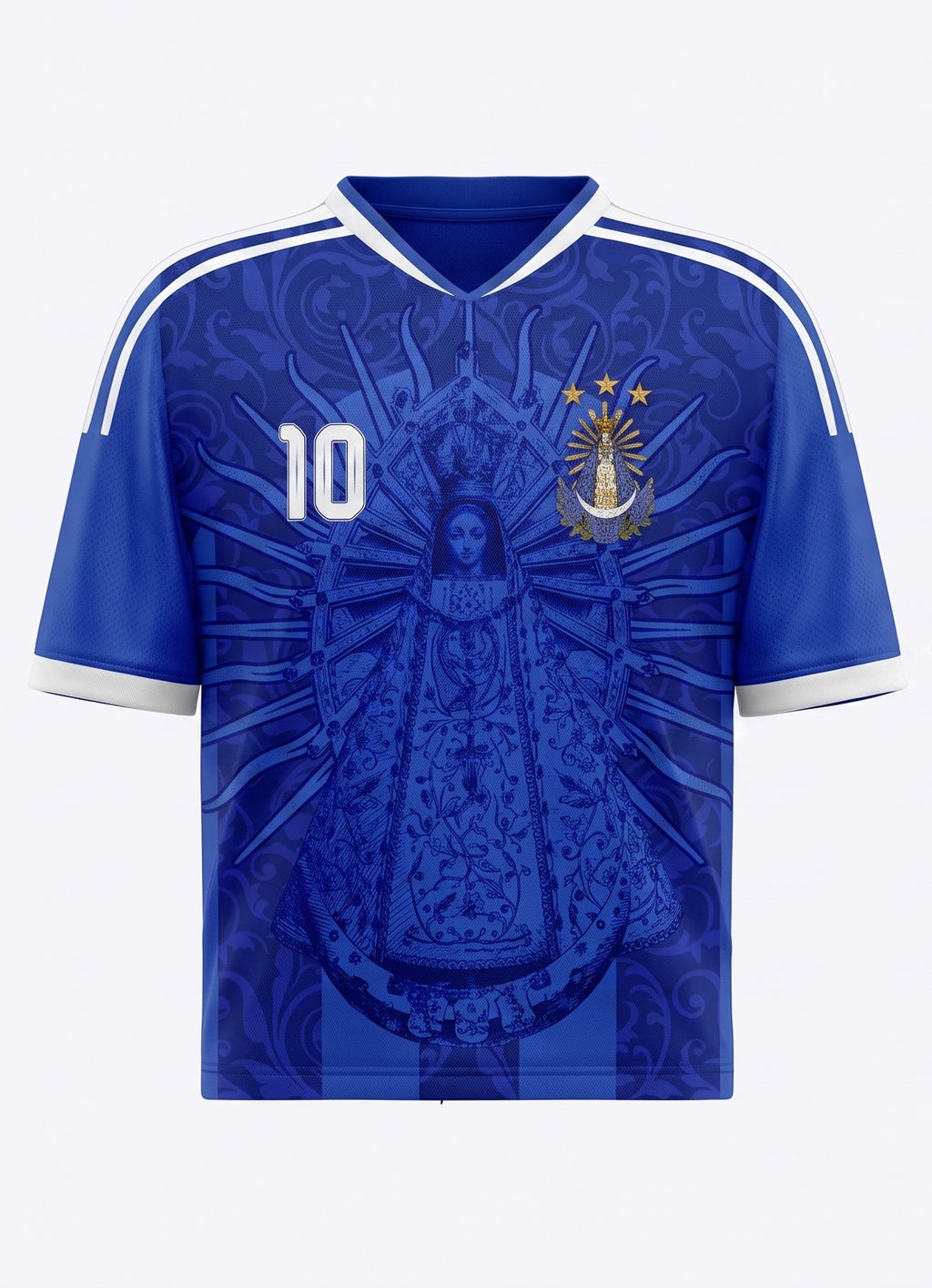 Couple wearing Varldens Argentina 1986 champion blue jersey with Virgen de Luján and Fileteado art - Retro soccer streetwear fashion