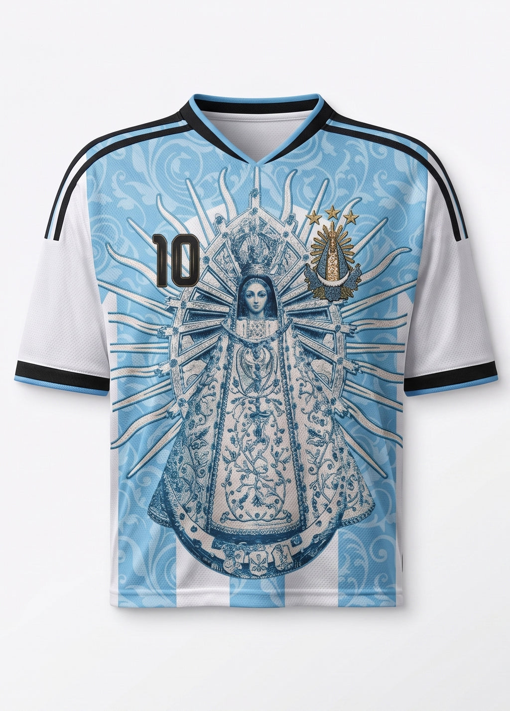 Model wearing Varldens Argentina soccer jersey with Virgen de Luján and Fileteado Porteño art - Blue and white striped heritage shirt
