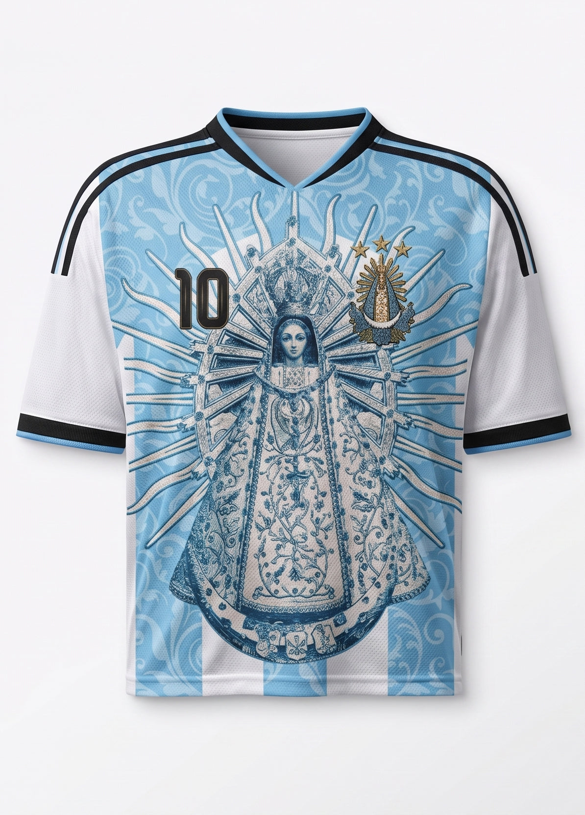 Model wearing Varldens Argentina soccer jersey with Virgen de Luján and Fileteado Porteño art - Blue and white striped heritage shirt