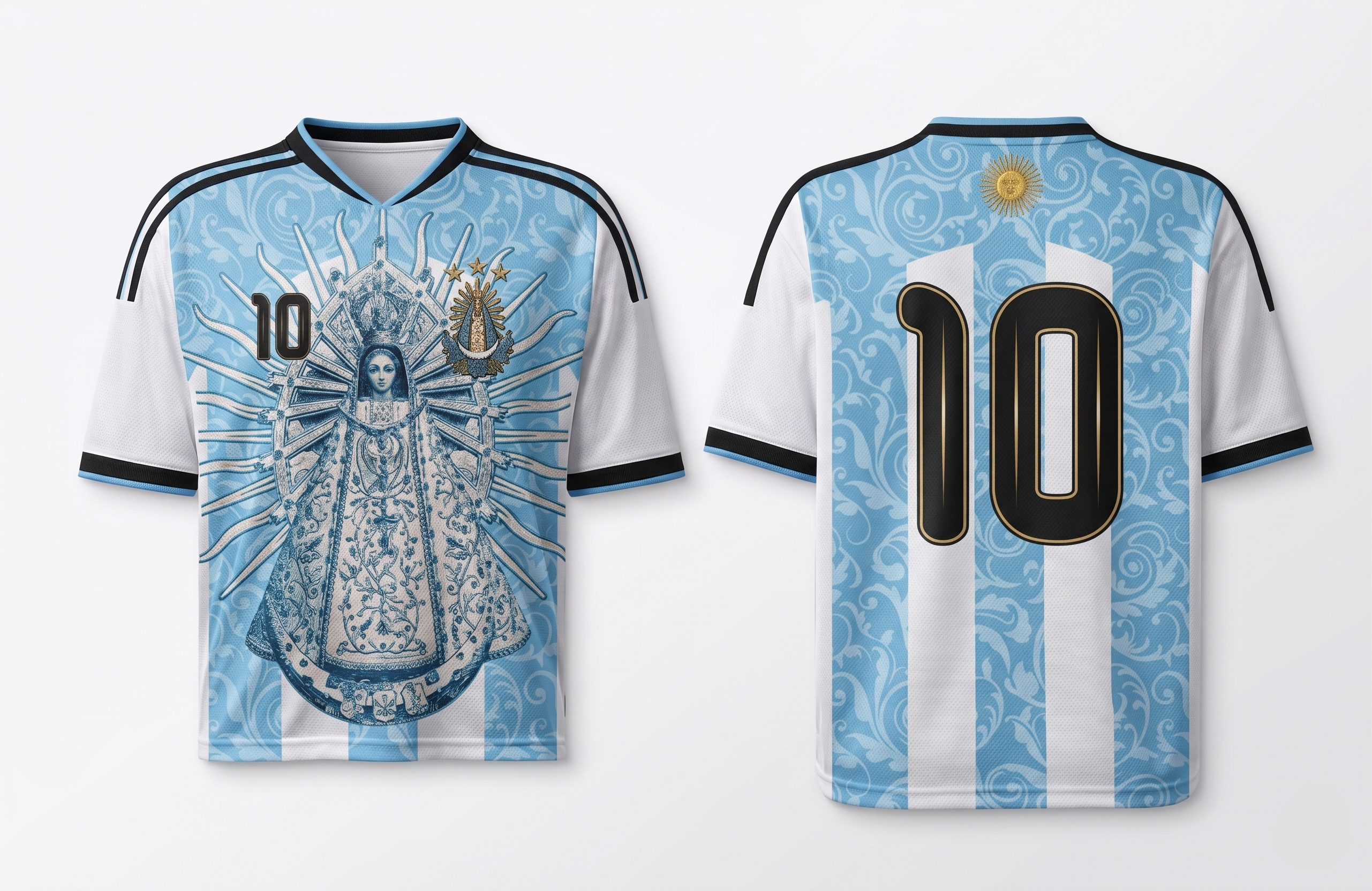 Model wearing Varldens Argentina soccer jersey with Virgen de Luján and Fileteado Porteño art - Blue and white striped heritage shirt