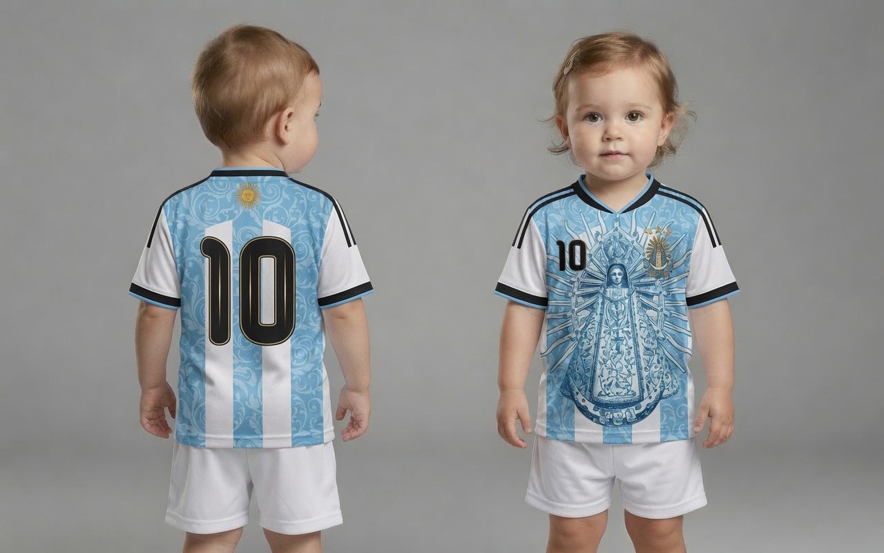 Kid Model wearing Varldens Argentina soccer jersey with Virgen de Luján and Fileteado Porteño art - Blue and white striped heritage shirt