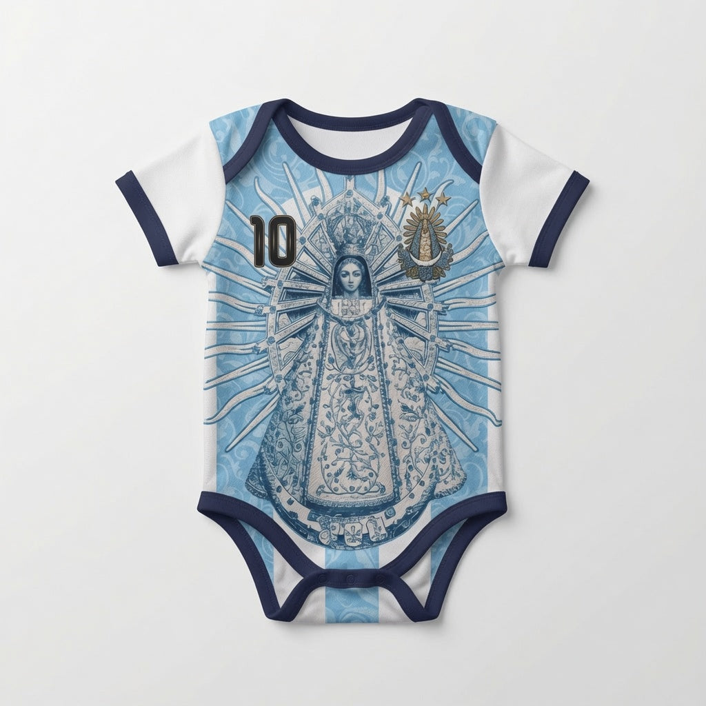 Varldens Argentina soccer jersey with Virgen de Luján and Fileteado Porteño art - Blue and white striped heritage shirt