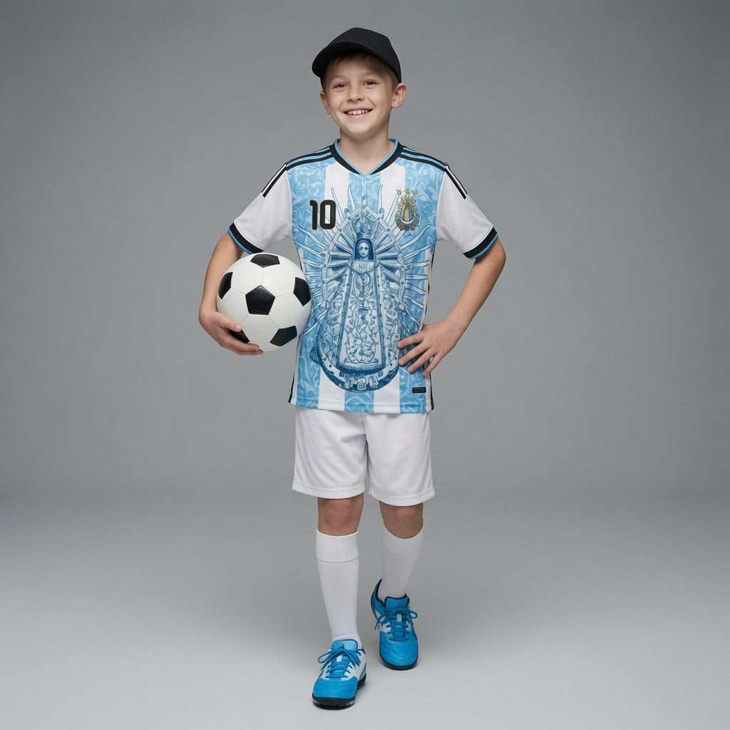 Young Model wearing Varldens Argentina soccer jersey with Virgen de Luján and Fileteado Porteño art - Blue and white striped heritage shirt