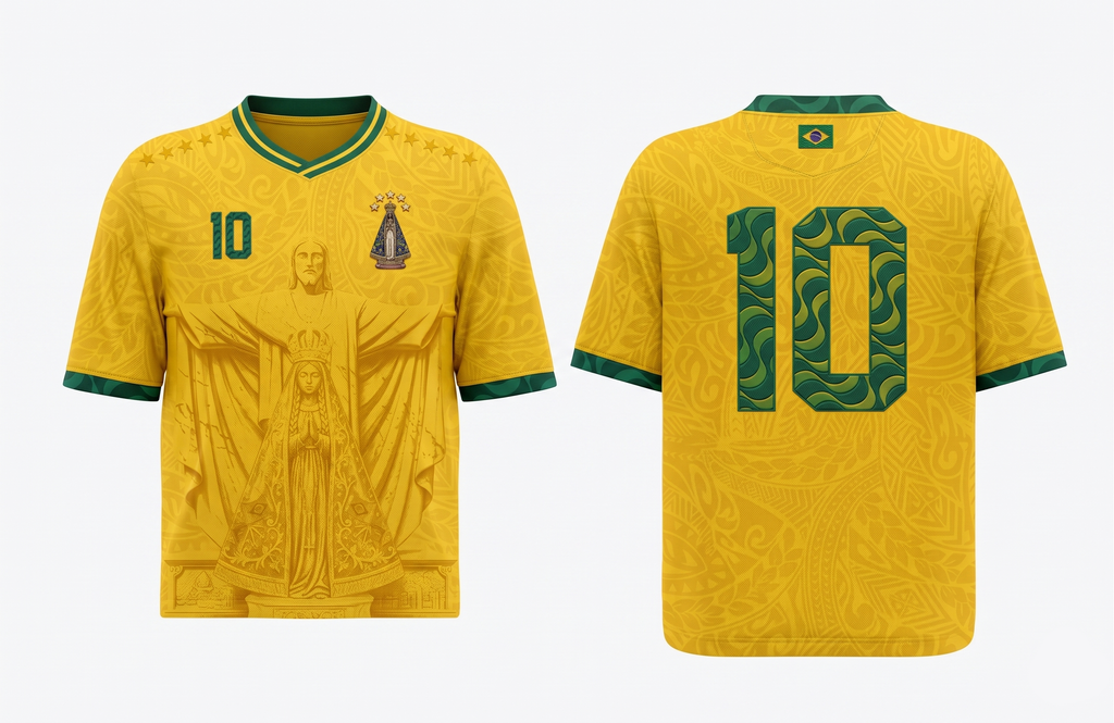 Varldens Brazil 2026 Home Jersey with Our Lady of Aparecida, Christ the Redeemer, and Copacabana wave patterns - Yellow Brazilcore soccer shirt