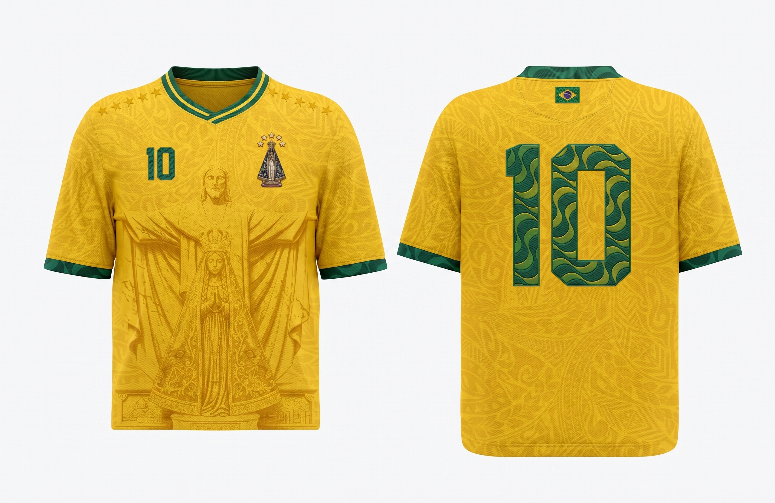 Varldens Brazil 2026 Home Jersey with Our Lady of Aparecida, Christ the Redeemer, and Copacabana wave patterns - Yellow Brazilcore soccer shirt