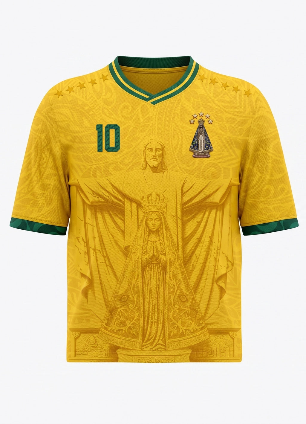 Varldens Brazil 2026 Home Jersey with Our Lady of Aparecida, Christ the Redeemer, and Copacabana wave patterns - Yellow Brazilcore soccer shirt