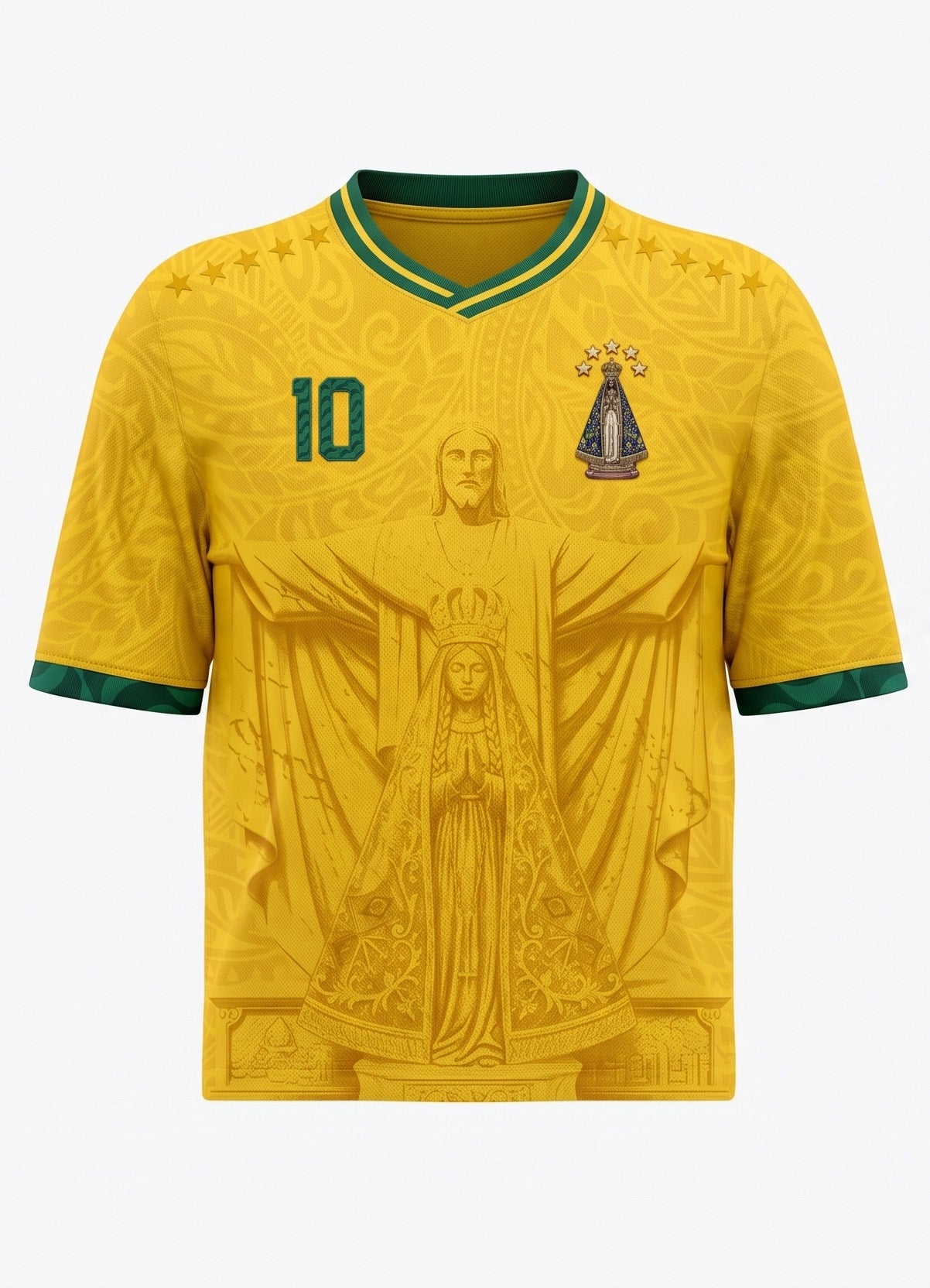 Varldens Brazil 2026 Home Jersey with Our Lady of Aparecida, Christ the Redeemer, and Copacabana wave patterns - Yellow Brazilcore soccer shirt