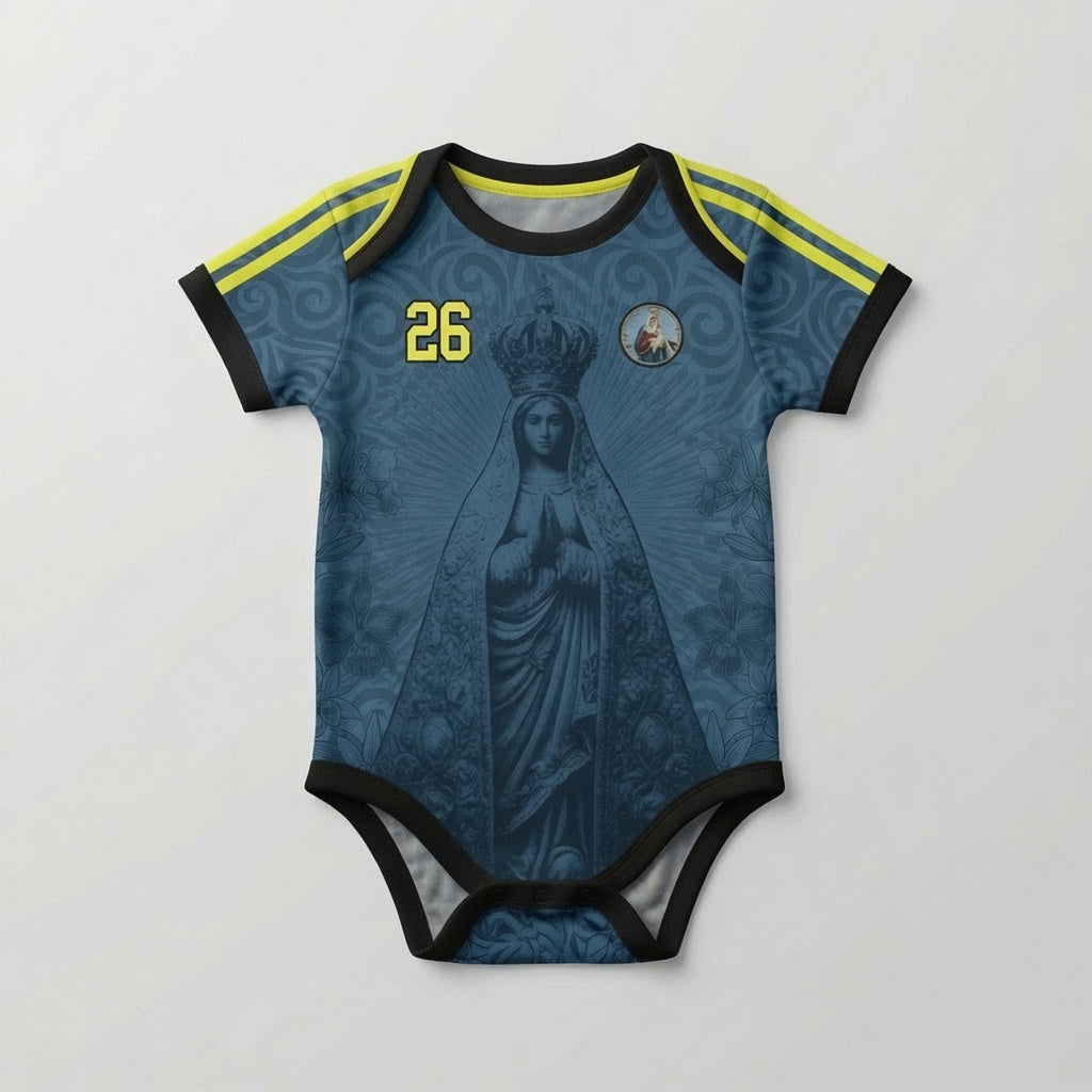 Varldens Colombia 2026 Blue Away Jersey featuring Our Lady of Chiquinquirá and Cattleya orchid patterns - Navy blue Colombian soccer babyonesie