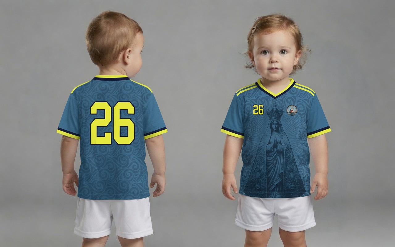 Varldens Colombia 2026 Blue Away Jersey featuring Our Lady of Chiquinquirá and Cattleya orchid patterns - Navy blue Colombian kid soccer shirt