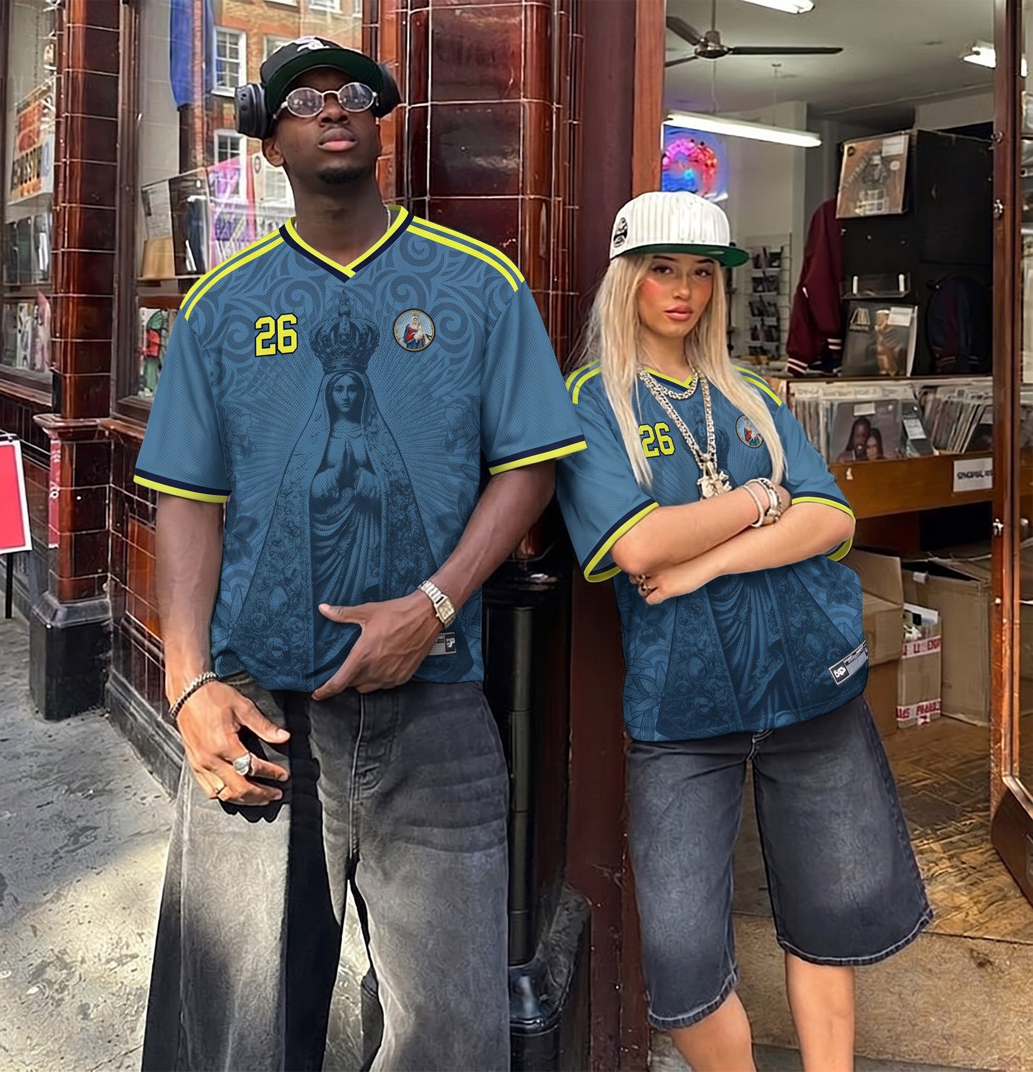 Varldens Colombia 2026 Blue Away Jersey featuring Our Lady of Chiquinquirá and Cattleya orchid patterns - Navy blue Colombian soccer shirt